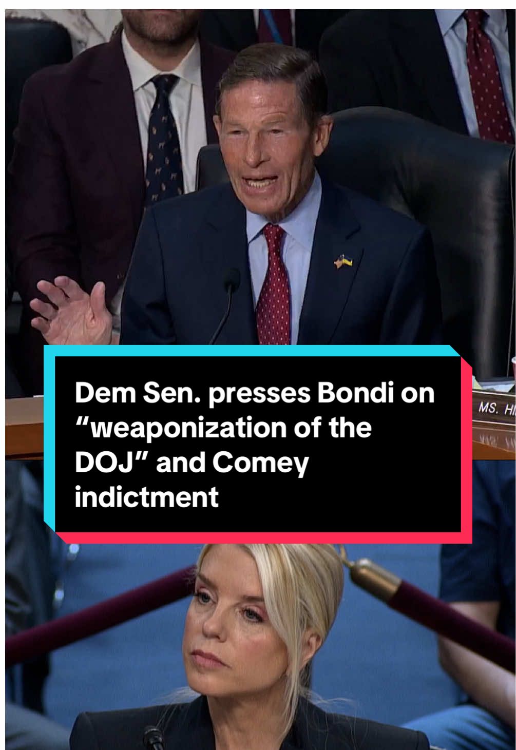 “The American public is entitled to know, Madam Attorney General, whether you took instructions from President Trump.” Senator Richard Blumenthal presses Attorney General Pam Bondi during a Senate Judiciary Committee hearing on what conversations she may have had with Trump about the indictment of James Comey. #news #politics #justice #bondi #trump