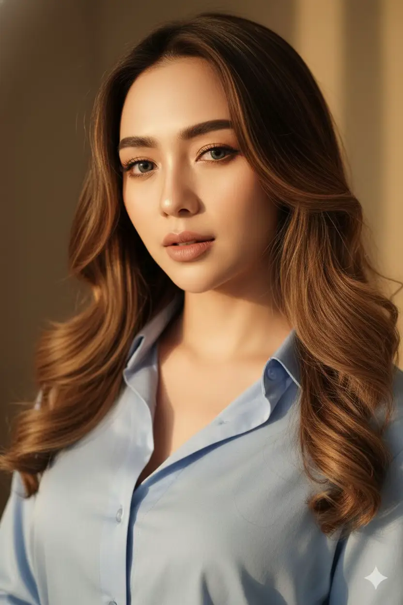Edit menjadi Potret sinematik ultra-realistis Rambutnya yang panjang dan bervolume tergerai bergelombang alami, dengan tekstur halus dan highlight lembab editoria kemeja biru muda yg kancing atas terbuka satu.Seksi namun anggun Diterangi cahaya keemasan yang lembut. Sudut Kamera: potret wajah close-up dari sedikit di bawah ketinggian mata, mengarah ke atas ke arah wajahnya, menciptakan perspektif dramatis dan intim, persis seperti foto referensi. Pencahayaan: sinar matahari keemasan yang hangat dari samping, menghasilkan bayangan dan highlight alami di seluruh wajah dan bahunya, sinematik dan lembut. Gaya & Tekstur: kulit halus bercahaya, riasan glamor tajam pada mata dan bibir yang ditonjolkan, helaian rambut yang sangat detail, tekstur lembut, kedalaman bidang yang halus. Latar Belakang: latar belakang netral hangat dengan rona keemasan, diburamkan untuk penekanan pada subjek. Kualitas: fotorealistis, sangat detail, gaya editorial fesyen, atmosfer sinematik, resolusi 8k… #jointrend #geminitrend #AIFOTO #fypシ #aitrend 
