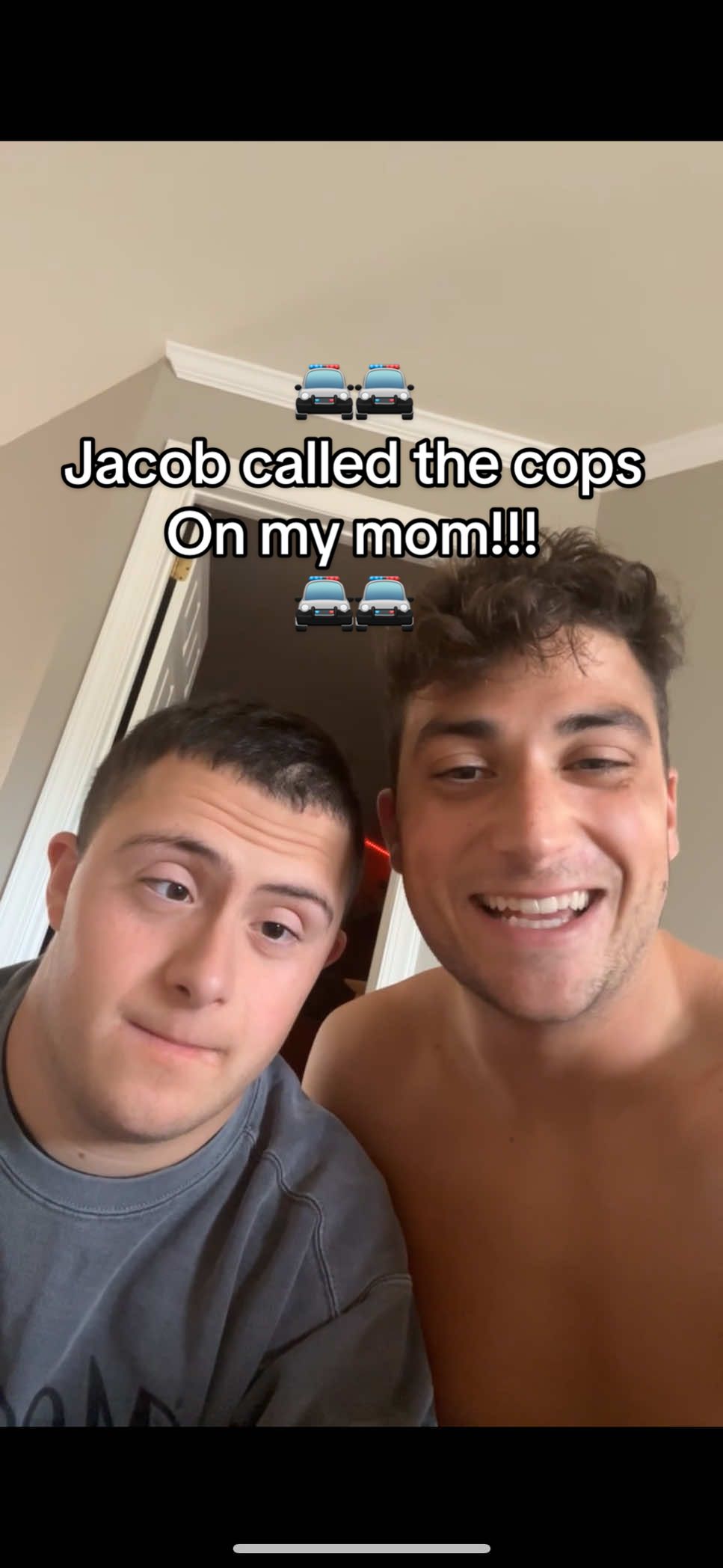 Jacob called the cops on my mom! 🚔🚔 Don't let Down syndrome kids fool you, they can be very mischievous!  He talked a big game until the cops showed up😂😂😂 luckily the 3 cops hungout for a little and were very cool about it.  #downsyndrome #jacob 