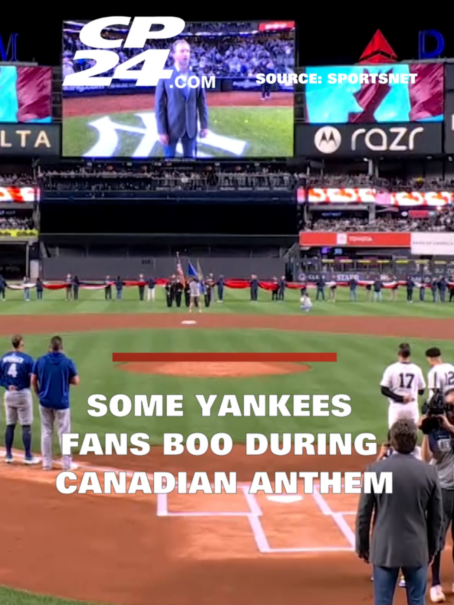Some Yankees fans can be heard booing the Canadian anthem before breaking into a loud “U.S.A.” chant ahead of Tuesday’s game between the Toronto Blue Jays and the New York Yankees. #bluejays #toronto #news