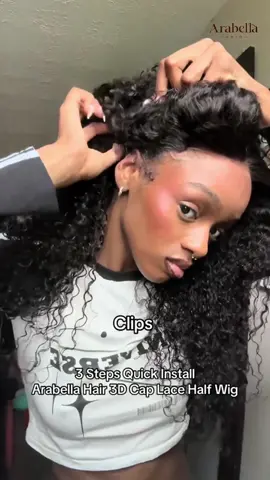 Throw it on, switch it up ✨ The easiest slay ever. @iman ♡  🆕Arabella 3D Lace Half Wig Jerry Curly Wig Deep Curly Natural Black #arabellahair #3dfitwig #halfwigtok #gluelesswig #hairtok 