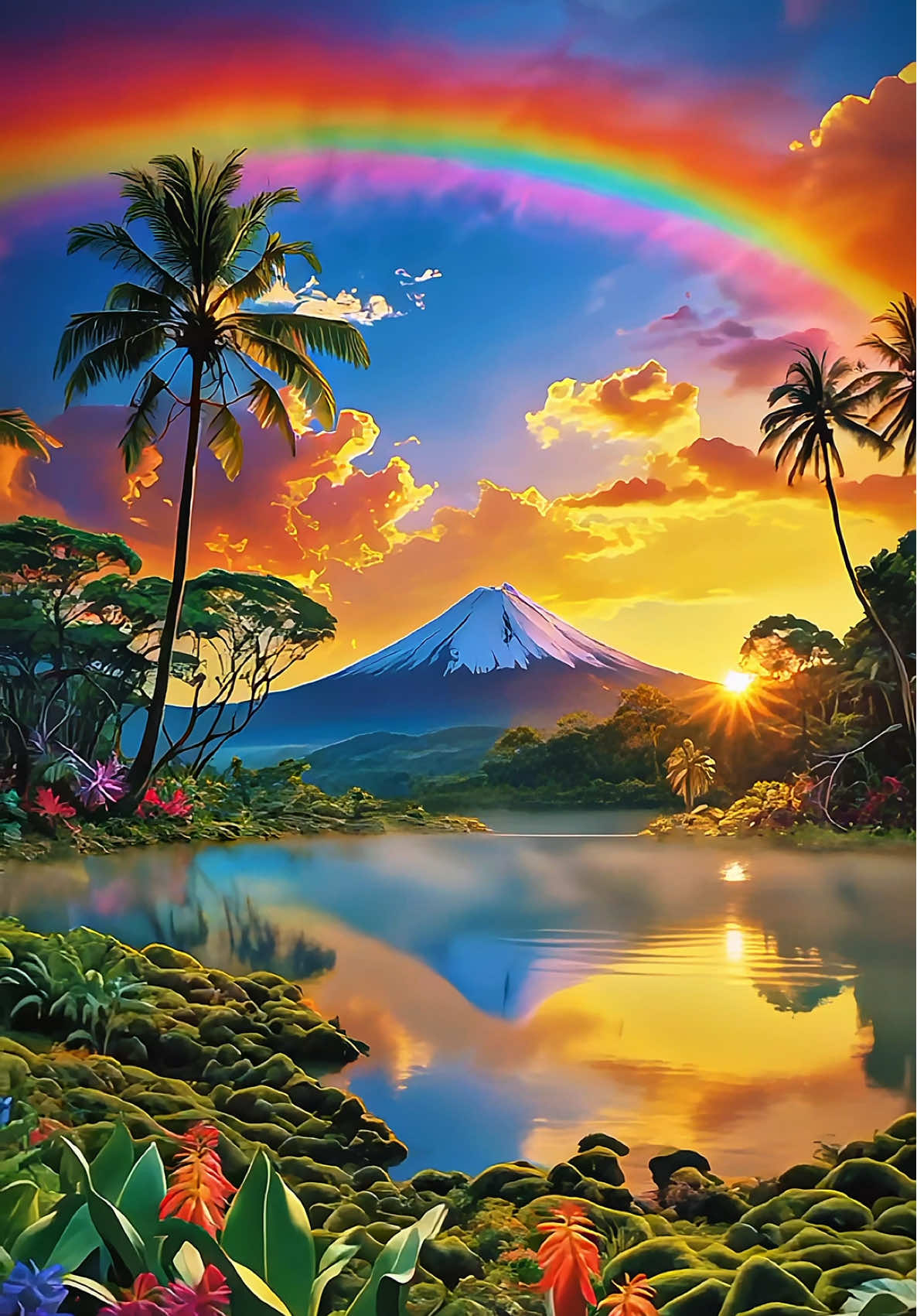 Live Wallpaper | Tropical Mist Peaks & Lagoon 🌊🌺⛰️🌴🌈 🌋 The Legend of the Valley of Eternal Dawn Deep within a tropical mountain valley, where rainbows crown the volcanic sky and emerald rivers whisper through ancient jungle, lies the place known as the Valley of Eternal Dawn. Here, light never fully fades — it only shifts, glowing softly upon mossy stones and shimmering pools that mirror the heavens above. The elders once told that the valley was born from fire and rain — when the mountain first breathed, and the ocean answered with mist. From their meeting rose a garden unlike any other: trees with roots in steam and leaves kissed by the sun. The air hums with warmth, and even shadows bloom in color. When dawn comes, the sky unfolds like a living painting — crimson clouds, golden mist, and azure streams weave into one endless horizon. Travelers who find their way here speak of peace so deep, time itself slows — as if the mountain watches, remembering the first sunrise the world ever knew. 🌺 #4kwallpaper #livewallpaper #relaxingvideos #tropical #lagoon 
