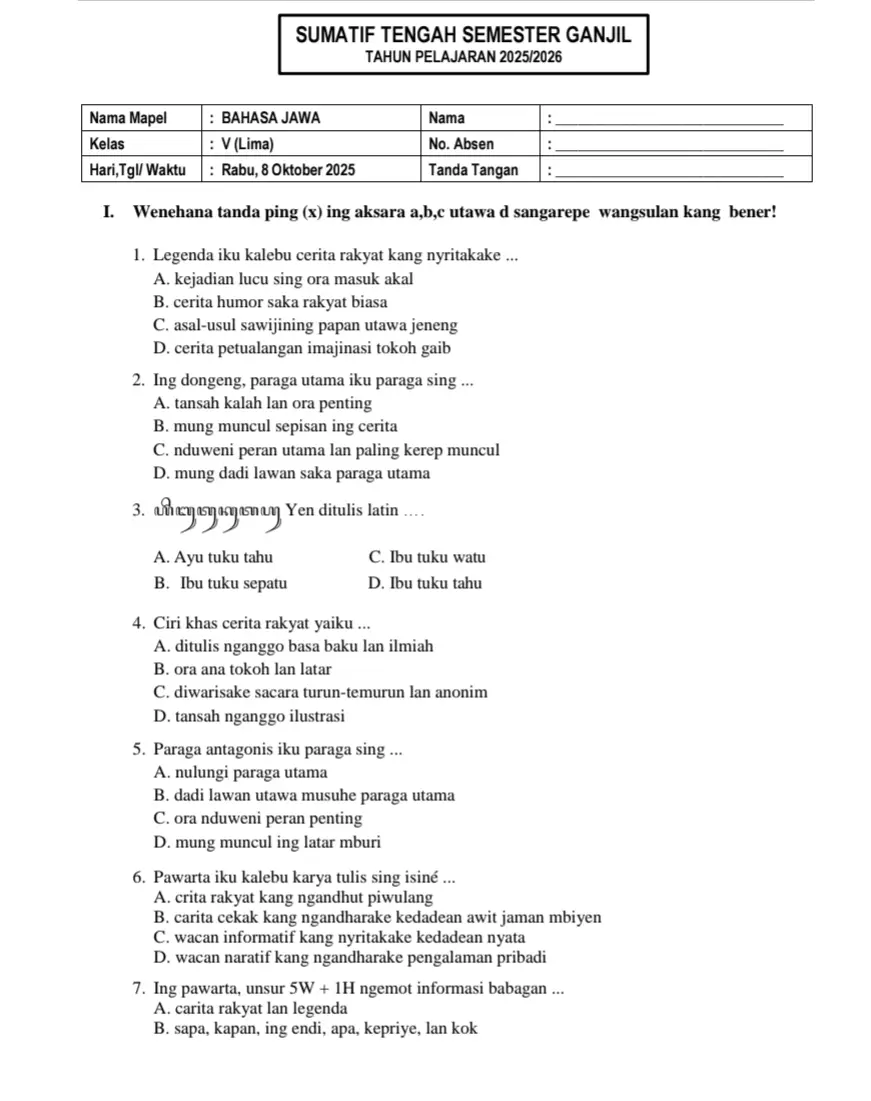 Soal STS Bahasa Jawa kelas 5 semester 1