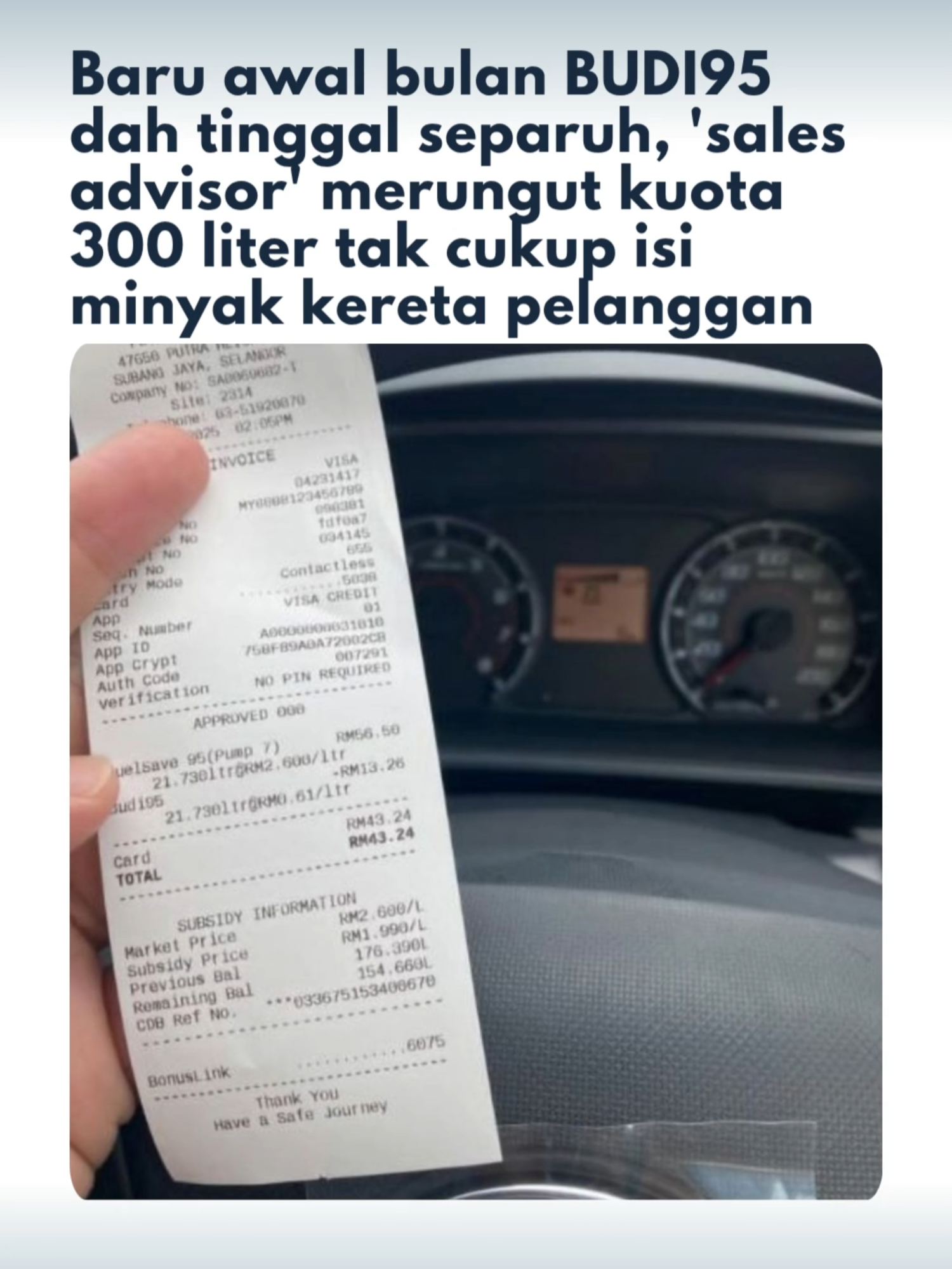 Kuota petrol BUDI95 300 liter sebulan adalah khusus untuk kegunaan peribadi dan tidak boleh dikongsi dengan ahli keluarga lain, kerana ia adalah subsidi bersasar. Klik link untuk artikel penuh #budi95 #ron95 #subsidipetrol#trendingnewsmalaysia #beritaditiktok #majoriti