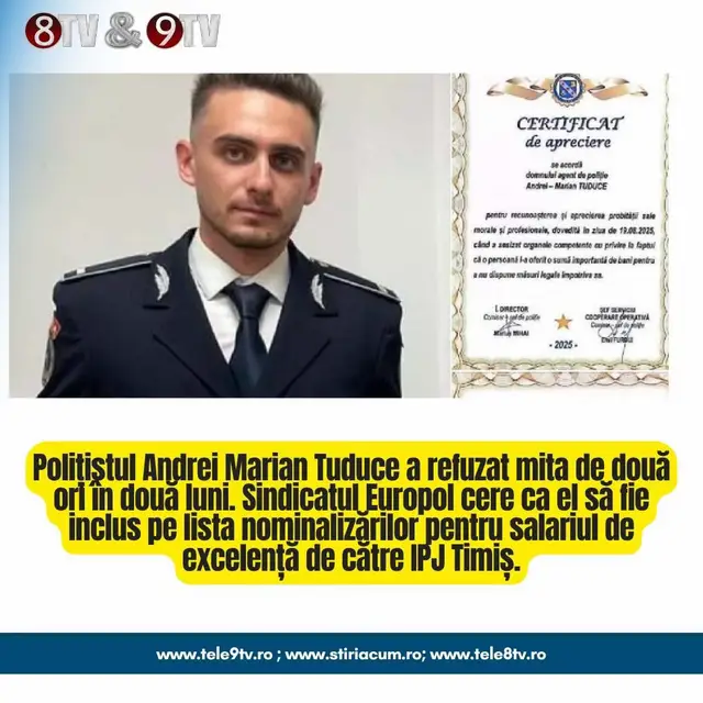 Polițistul Andrei Marian Tuduce a refuzat mita de două ori în două luni. Sindicatul Europol cere ca el să fie inclus pe lista nominalizărilor pentru salariul de excelență de către IPJ Timiș.  #ipjtimis #tele9tv #tele8tv 