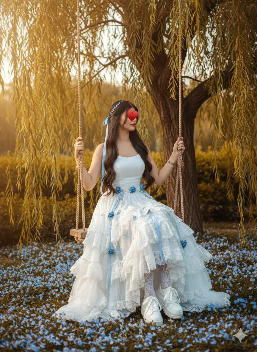 #ترند الكليشه ذكاء اصطناعي gemini يم الحصان#gemini♊️ #كليشات gemini مع الحبيب‏:Transforma mi imagen con el pelo suelto y ondulado, cubriendo parte de mi rostro. Lleva una cinta de satén azul con un sencillo detalle de trenza en el pelo y posa con naturalidad. Lleva un vestido largo blanco puro con detalles en azul claro. El vestido tiene tirantes, un corpiño liso y una falda ancha, de varias capas y esponjosa, con volantes o detalles de tul ligero. La cintura del vestido está decorada con intrincadas cuerdas colgantes de color azul claro, con pequeñas rosas azules esparcidas artísticamente. Lleva medias blancas de encaje y zapatillas blancas de plataforma con una cinta. Posa en un columpio como si se balanceara, con ambas manos sujetando las cuerdas del columpio. El fondo es una escena mágica y ligeramente conmovedora de un columpio de madera suspendido bajo un sauce que sobresale. Las largas hojas de color verde amarillento del sauce crean una cortina natural alrededor del columpio, iluminadas por la suave y cálida luz del sol de la tarde, dándole a la imagen un tinte dorado. El columpio de madera es antiguo con cuerdas sencillas. Bajo el columpio, el suelo está cubierto con una alfombra de pequeñas flores florecientes en azul claro o morado, que añade un toque caprichoso a la atmósfera general. El fondo muestra el verdor más oscuro de los arbustos, creando profundidad. El color general es cálido y soñador. Sin cambiar el color de mi pelo ni alterar mis rasgos.