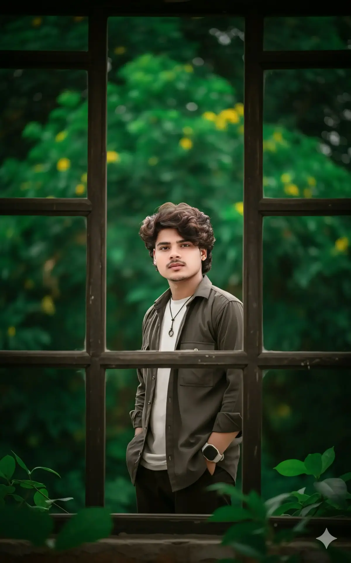 Prompt... 👇🏻 An elegant portrait of a 18 year old boy in, framed by dark wooden window mullions. The lighting is soft and moody. The background is a deeply blurred, lush green (bokeh) of foliage, creating high contrast. Out-of-focus green leaves in the foreground add depth. The overall aesthetic is serene, earthy, and cinematic.#viral #trendingtiktok #uoyruof #trending #tiktokviral 
