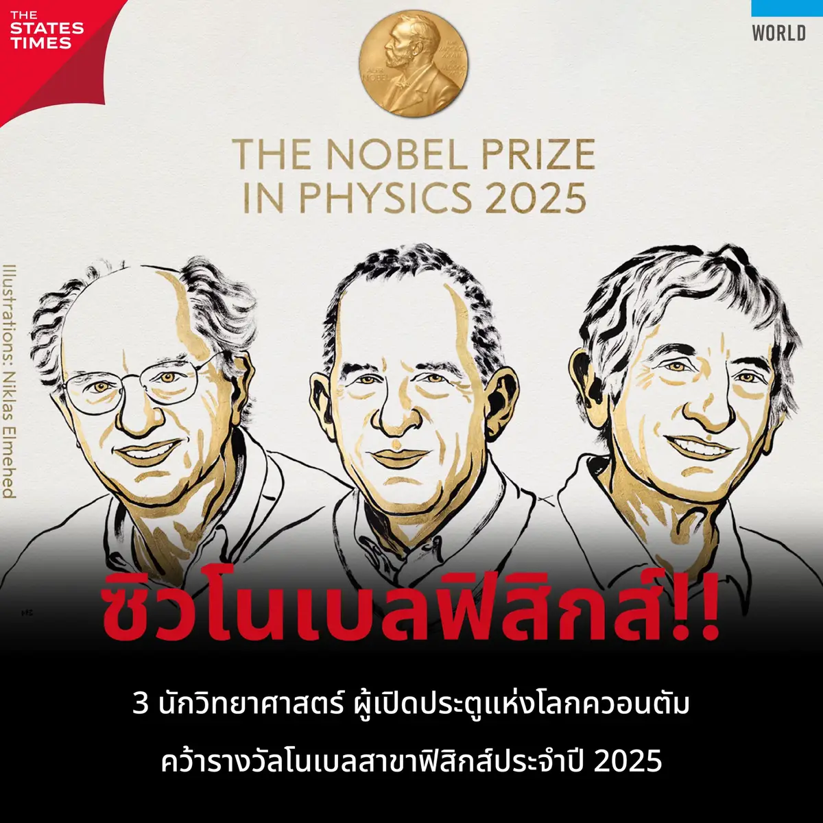 (8 ต.ค. 68) คณะกรรมการรางวัลโนเบลประกาศเมื่อวันที่ 7 ตุลาคม 2568 ว่า ศาสตราจารย์จอห์น คลาร์ก (John Clark ), ดร.มิเชล เดโวเร็ต (Michel Devoret) และ ดร.จอห์น มาร์ตินิส (John Martinis) ได้รับรางวัลโนเบลสาขาฟิสิกส์ประจำปี 2025 จากผลงานการทดลอง “การลอดอุโมงค์ควอนตัมระดับมหภาค” ซึ่งเป็นพื้นฐานสำคัญของเทคโนโลยีควอนตัมสมัยใหม่ ตั้งแต่ระบบเข้ารหัสความปลอดภัยขั้นสูง ไปจนถึงคอมพิวเตอร์ควอนตัมอันทรงพลังในอนาคต . ทั้งสามเริ่มต้นการทดลองตั้งแต่ช่วงกลางทศวรรษ 1980 โดยใช้วงจรอิเล็กทรอนิกส์จากตัวนำ(superconductors) เพื่อพิสูจน์ว่า ปรากฏการณ์ควอนตัมอย่าง “การทะลุกำแพงพลังงาน” (quantum tunnelling) สามารถเกิดขึ้นได้จริงในระดับที่ใหญ่ขึ้น หรือระดับมหภาค ซึ่งถือเป็นการยืนยันว่า “โลกควอนตัม” ไม่ได้จำกัดอยู่แค่ในอะตอมหรืออนุภาคเล็กๆ อีกต่อไป . ศ.จอห์น คลาร์ก วัย 83 ปี จากมหาวิทยาลัยแคลิฟอร์เนีย เบิร์กลีย์ กล่าวทางโทรศัพท์หลังทราบข่าวว่า รู้สึก “อึ้งสุดชีวิต” กับรางวัลที่ได้รับ พร้อมยกตัวอย่างว่า โทรศัพท์มือถือที่ทุกคนใช้กันอยู่ทุกวันนี้ ก็สามารถทำงานได้เพราะอาศัยหลักฟิสิกส์ควอนตัมที่พวกเขาเคยวิจัยไว้เมื่อหลายสิบปีก่อน . ขณะที่ ดร.เดโวเร็ต ชาวฝรั่งเศส ปัจจุบันสอนอยู่ที่มหาวิทยาลัยเยล และมหาวิทยาลัยแคลิฟอร์เนีย ซานตาบาร์บารา และ ดร.มาร์ตินิส อดีตหัวหน้าห้องแล็บปัญญาประดิษฐ์ควอนตัมของ Google เผยว่ารางวัลนี้ถือเป็นการยกย่องการทดลองที่เปลี่ยนทฤษฎีให้กลายเป็นสิ่งจับต้องได้ และเปิดทางสู่ยุคใหม่ของเทคโนโลยีควอนตัมอย่างแท้จริง . ที่มา : https://www.nation.com.pk/08-Oct-2025/trio-wins-physics-nobel-quantum-mechanical-tunnelling . #THESTATESTIMES #โนเบลสาขาฟิสิกส์ #โนเบล #Noble2025 #ฟิสิกส์ควอนตัม