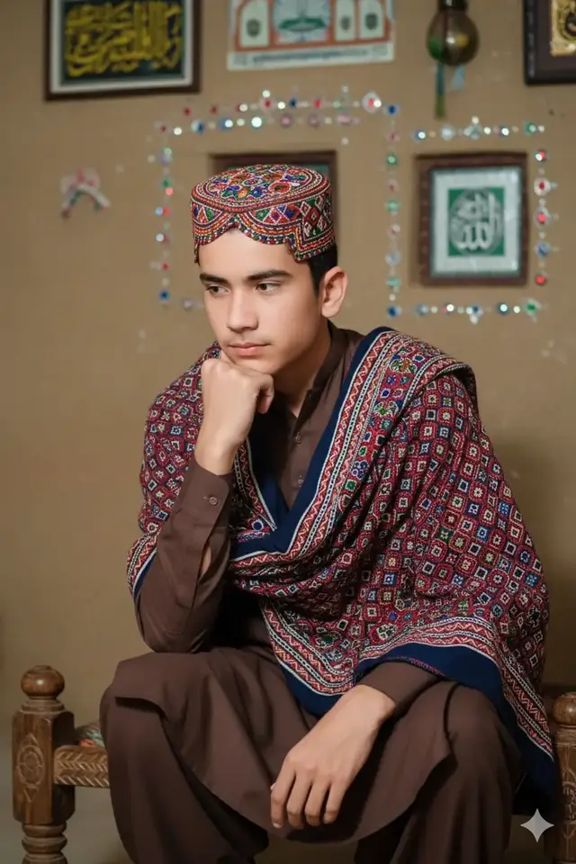 A traditional cultural sindhi man sitting and thinking deeply , wearing a classic sindhi topi with detailed embroidery , ajrak dra#trending #viralvideo #foryou #viralvideo #foryou #foryou 