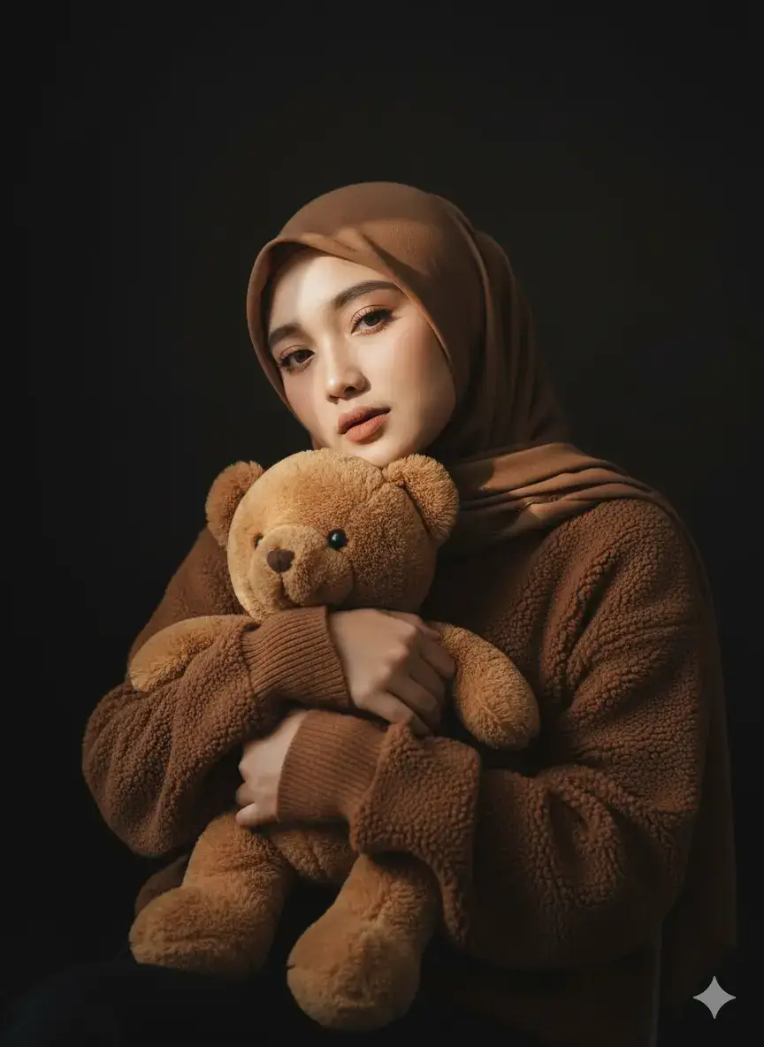 Lengah dikit masuk cerita orang 🫣 Prompt 👇: Jangan ubah wajahnya, Potret busana artistik seorang wanita muda dengan sweter caramel rajutan tebal yang mewah dengan benang bertekstur tebal. Dia dibingkai dalam pencahayaan samping yang dramatis, seberkas sinar matahari yang sempit memotong wajahnya untuk menciptakan efek chiaroscuro yang mencolok. Latar belakangnya dalam dan gelap, hampir hitam, menekankan permainan cahaya dan bayangan. Ekspresinya tenang dan mawas diri, dengan riasan Korean style alami yang halus putih dan lembut Suasana keseluruhan minimalis, murung, dan elegan, mengingatkan pada fotografi editorial mode tinggi untuk majalah mewah. Dia memakai hijab brown, dia memakai sweater fleece estetik coklat dengan rib di tangan Duduk atau setengah berbaring, bahu sedikit miring untuk menciptakan dimensi. • Tangan: Satu lengan diangkat di atas kepala dengan jari-jari membentuk lekukan yang anggun; tangan lainnya dengan lembut menopang dagu atau pipi. • Kepala: Sedikit miring ke samping, mata diarahkan ke kamera dengan tatapan tenang dan lembut. • Ekspresi: Netral, sedikit melankolis atau kontemplatif. - Suasana Hati & Pencahayaan • Pencahayaan: Cahaya alami sumber tunggal dari jendela sempit atau tidak di tirai, menciptakan garis tipis yang memotong. Kedua tangan memeluk boneka beruang coklat #ai #fotoai #promptai #geminiai #fyppppppppppppppppppppppp 