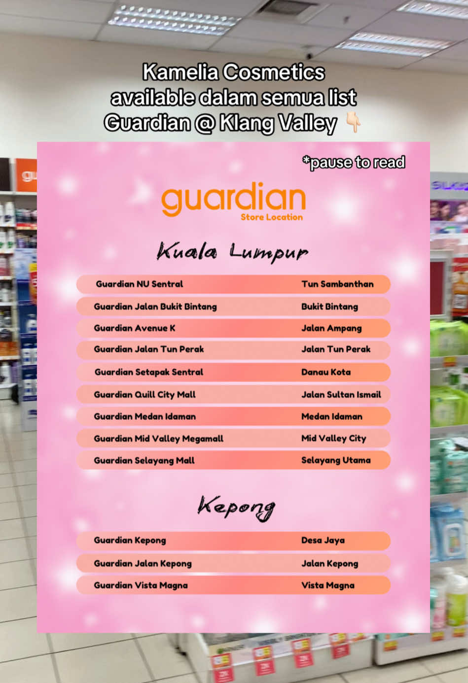 Replying to @Layla Kayla Awak boleh visit any Guardian dalam list ni oki?😍 #kameliacosmetics #makeupmalaysia #mermaidskinfoundation #guardianmy 