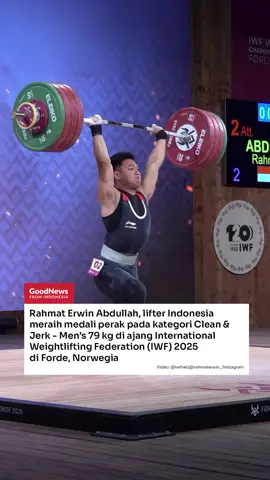 Rahmat Erwin Abdullah, lifter Indonesia meraih medali perak di ajang International Weightlifting Federation (IWF) World Championship 2025 di Forde, Norwegia. Tampil di kategori Clean & Jerk - Men’s 79 kg, Erwin berhasil mengangkat beban dengan total 203 kilogram. Sementara pada angkatan Snatch, Erwin mengangkat beban 156 kg sehingga membuatnya berada di posisi keempat pada kategori total angkatan dengan jumlah angkatan 359 kg.  #GNFI  #GNFInfo  #GoodNewsFromIndonesia  #MakinTahuIndonesia  #Indonesia 