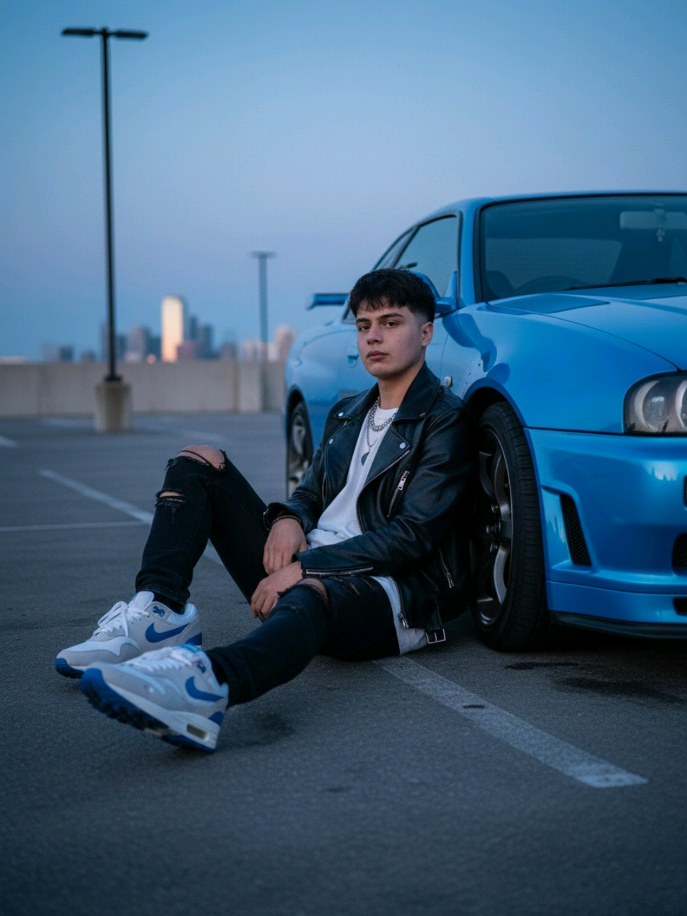 GEMINI AI PROMPT  Crea tu propia fotografía con calidad de estudio usando Gemini AI.  Prompt en los comentarios.  Extreme low-angle shot, hyperrealistic sneaker campaign at blue hour (sunrise). The focal point is the subject's feet, wearing a pair of Nike Air Max trainers, in the immediate foreground. A person sits on the ground facing the camera, leaning back against a Nissan Skyline GT-R R34 in a solid, intense sky blue. Using the reference image as a STRICT source, preserve the EXACT likeness, facial structure, body proportions, and natural hair of the person. The subject wears a deconstructed black leather jacket, a heavyweight white t-shirt, ripped black jeans, and silver chain necklaces. The environment is an empty urban parking lot during the blue hour, with a cool, soft ambient light and long shadows. A subtle, harsh handheld flash pops the sneakers and textures. sneaker photography, product focus, sharp shoe detail, blue hour, cinematic lighting, hyperrealistic, street fashion, layered jewelry, deconstructed tailoring, 35mm film --v 6.0 --style raw --ar 4:5 #geminiai #promptgeminiai #hacerfotosestudioconia #gemini #photostudio 