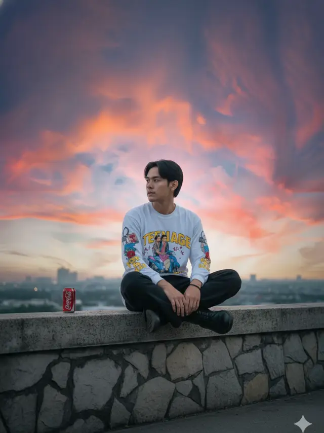 Prompt : Buatkan foto vertikal ini menampilkan seorang pria yang duduk di atas tembok batu dengan latar belakang pemandangan kota saat matahari terbenam yang dramatis. Seorang pria ia duduk dengan kaki bersila, menghadap ke kanan dalam posisi tiga perempat, dengan pandangan mata yang diarahkan ke kejauhan. Ekspresinya tampak tenang atau reflektif. Pakaian yang dikenakannya adalah kaus lengan panjang berwarna putih yang menonjol. Di bagian dada kaus terdapat tulisan berwarna cerah (sebagian besar kuning dan merah) yang berbunyi 