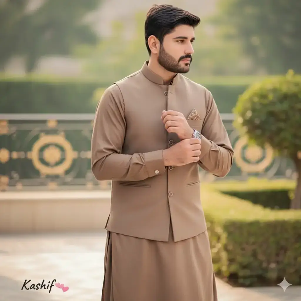 Create a high-fashion outdoor portrait of me using the exact same face from the reference image, no changes or alterations. I wear a tailored off-brown Shalwar Kameez with a light brown waistcoat, subtle embroidery on edges, and polished cufflinks with a natural gleam. Fabric and waistcoat show gentle, lifelike motion. ly standing pose is elegant and dynamic adjusting cufflinks with one hand, the othe relaxed by my side, slight torso twist, subtle weight shift on one leg, shoulders relaxed, gaze to the side. Outdoor setup: soft natural sunlight with realistic . shadows, upscale garden, terrace, or urban backdrop, subtle depth-of-field to keep focus on me. Skin, hair, fabric and accessories are ultra-detailed, producing a high-fashion editorial portrait with cinematic realism, natural motion, and perfectly realistic lighting.On the left side of the picture, below, there should be this signature Kashif 💕