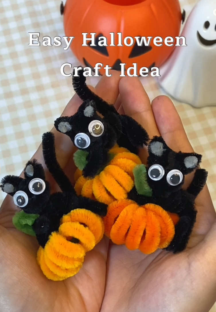 Pumpkin🎃+Cat🐈‍⬛=💗 Halloween Craft Idea👻  ✨ Materials used ✨ 	•	2 orange pipe cleaners 	•	1 green pipe cleaner 	•	2 black pipe cleaners 	•	1 gray pipe cleaner (optional) 	•	2 googly eyes 👀 	•	1 cm thick marker 🖊️ #limpiapipas #扭扭棒 #pipecleaners #pipecleanerart #halloweencraft 