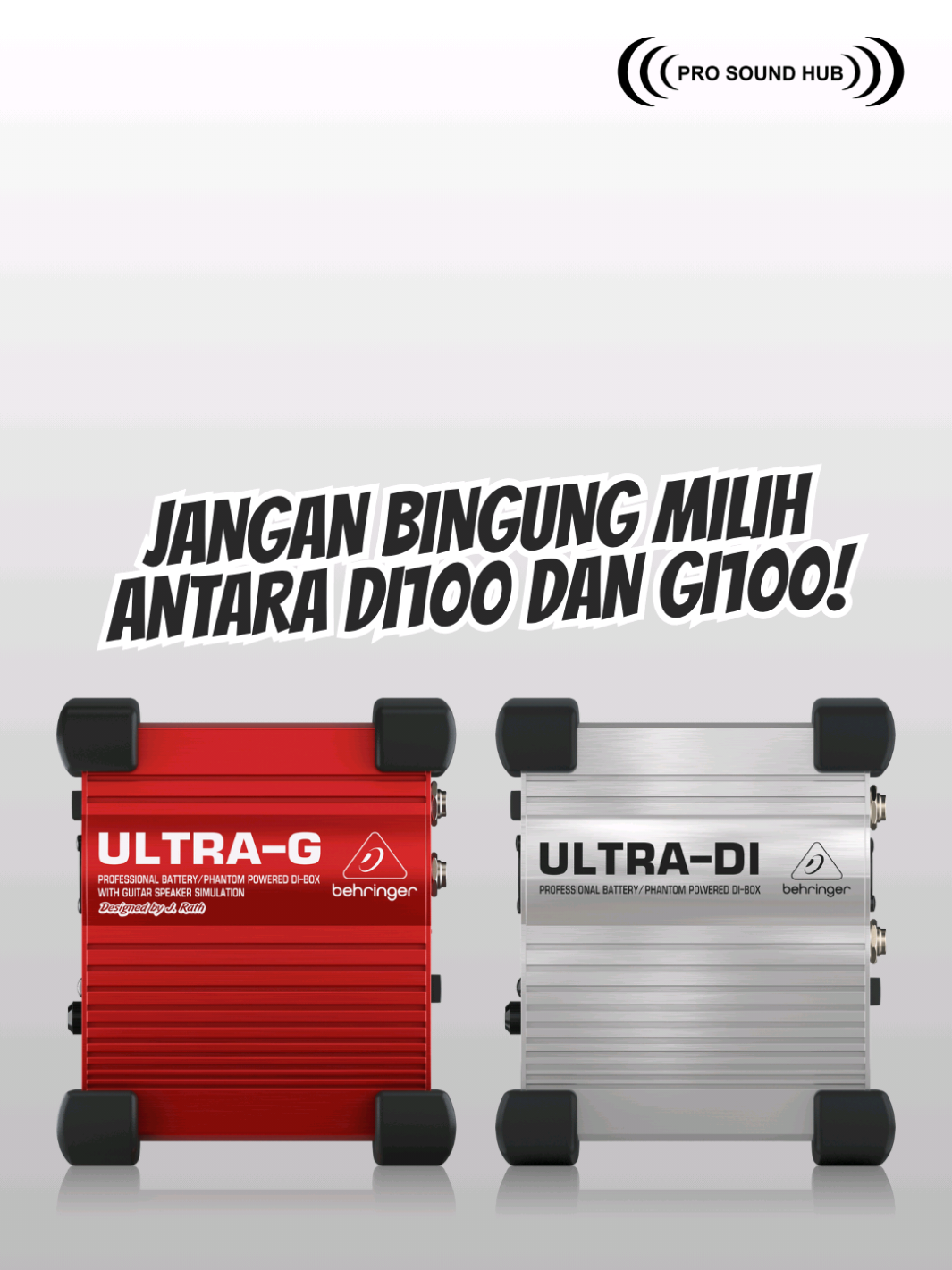 Behringer DI100 cocok untuk perangkat unbalanced seperti komputer, handphone, dan instrument seperti keyboard, drum electric, bass, dll. Sementara GI100 cocok untuk gitar dan bass karena ada cabinet simulator 4 x 12