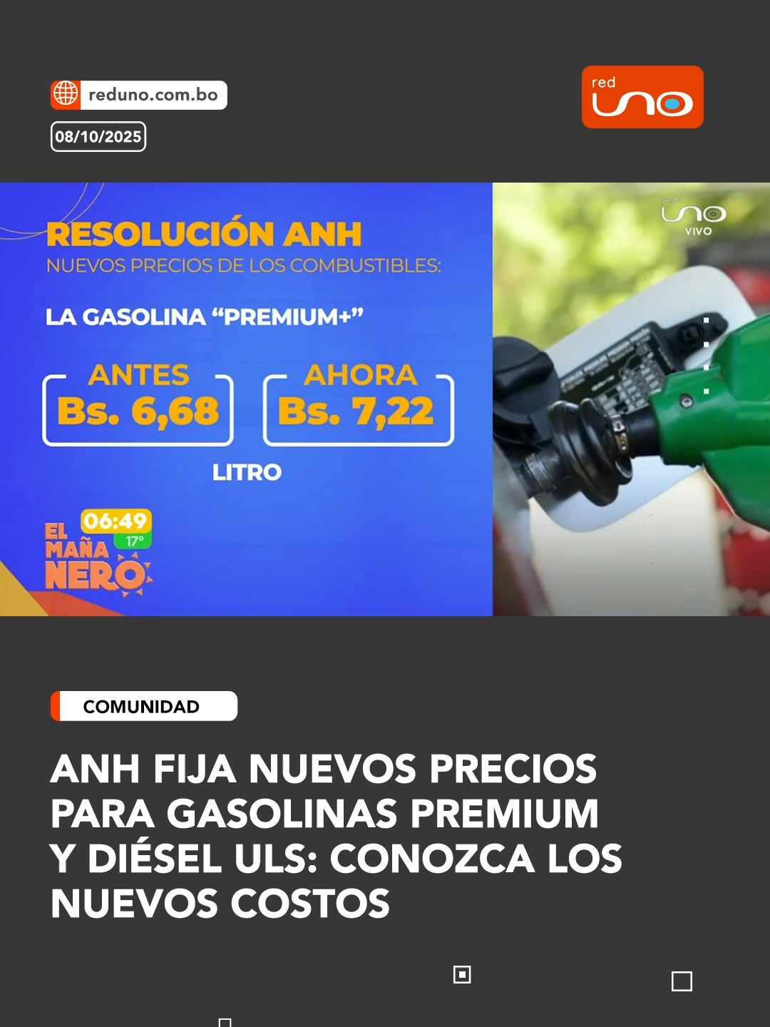 #Nacional I La Agencia Nacional de Hidrocarburos (ANH) emitió la Resolución Administrativa RAR-ANH-DJ-UGJN N° 0632/2025, mediante la cual se fijan los precios oficiales de comercialización para las gasolinas Premium +, Ultra Premium 100, y los combustibles Diesel ULS y Diesel ULS +, con vigencia en todo el territorio nacional. ▶️ Más información en www.reduno.com.bo #RedUno #RedUnoDigital #Bolivia #Notivision