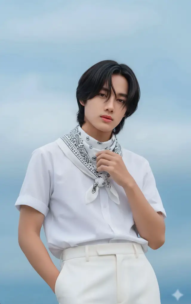 1-open to google Gemini app 💻 2-upload photo 📷 3-prompt ✍️ Keep the uploaded photo’s face 100% unchanged. Create an ultra-high-quality, natural-light outdoor portrait of the same young man with fair skin and delicate features under a cloudy blue-gray sky. He wears a white short-sleeved shirt tucked into high-waisted white trousers, with a white bandana featuring a black paisley pattern tied stylishly around his neck. His hair is medium-length, straight, slightly tousled black hair with layered bangs. He poses confidently, one hand in his pocket and the other touching the bandana. Capture a calm, elegant, minimalist fashion photoshoot mood with soft lighting and a slightly low camera angle. #gemini #aiart #fyp #foryoupage #မင်းတို့ပေးမှ❤ရမဲ့သူပါကွာ @𝐂 𝐓𝐡𝐮 𝐏𝐡𝐲𝐨𝐞 𝐖𝐚𝐢 