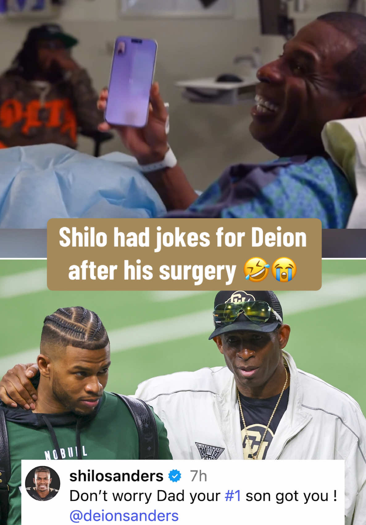 Shilo Sanders checking in with his dad after Coach Prime underwent surgery to address blood clots 👏 (via shilosanders/IG) #football #footballtiktok #colorado #deionsanders #shilosanders 