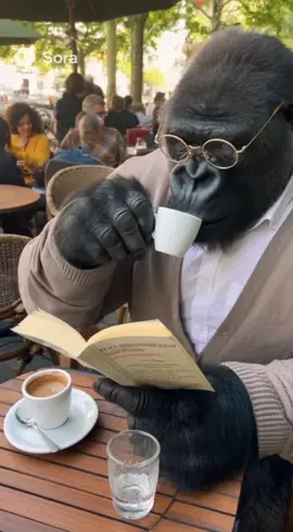 Gorilla Reading a book at a coffee #gorilla #coffee #aivideo #sora2 #fyp