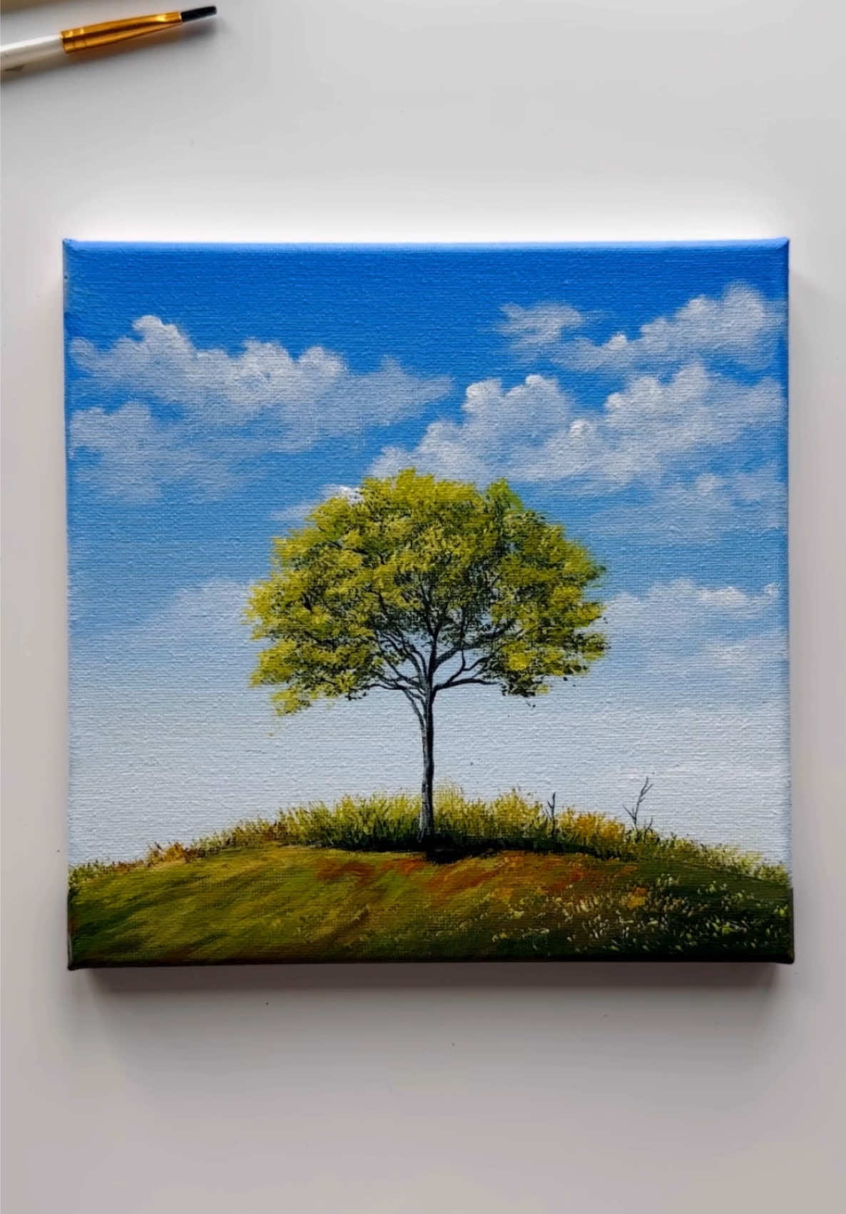 The Calm Hill Tree 🏞️🌻🌲 🎨; Cobalt blue hue, Ultramarine blue, Titanium white, Cadmium Yellow Medium hue, Mars orange, Light olive green, Mars black . . . . . . . . . . . . . . . . . . . . . #arttok #paintingtutorial #fypツ #acrylicpainting #art 