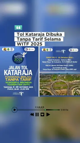 Tol Kataraja Dibuka Tanpa Tarif Selama WITF 2025 Dalam rangka menyambut Wonderful Indonesia Tourism Fair (WITF) 2025, Jalan Tol Kataraja (Kamal–Tanjung Priok–Balaraja) akan dibuka secara fungsional tanpa tarif mulai 9 hingga 20 Oktober 2025, pukul 06.00 hingga 22.00 WIB. Selama periode tersebut, pengguna jalan dari Bandara Soekarno–Hatta menuju PIK2 hanya perlu membayar Tol Sedyatmo, sementara Tol Kataraja digratiskan. Begitu pula bagi pengendara dari PIK2 menuju Jakarta (Tol Dalam Kota & JORR), Tol Kataraja dapat digunakan tanpa biaya. Kebijakan ini merupakan bagian dari dukungan terhadap gelaran WITF 2025 dan upaya pemerintah dalam mempermudah akses menuju kawasan PIK2 dan sekitarnya. #Toll #Kataraja #PIK2 #ASG #WITF