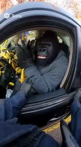 The gorilla was being stopped by the police because he has bananas in the car. He pulled off because he said it wasn’t a crime.#sora #viral #fyp #video #sora2 