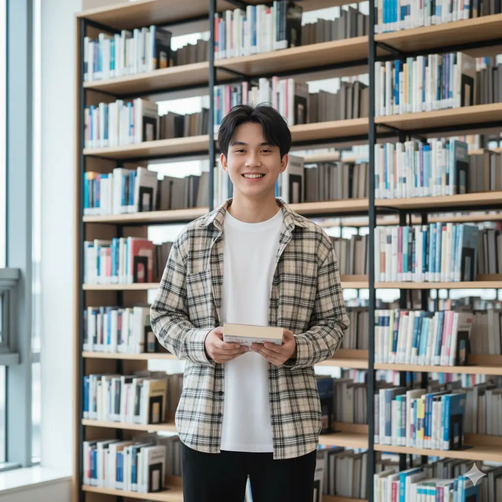 “A young man standing in a modern library with bookshelves in the background. He is wearing a beige and black checkered flannel shirt over a plain white T-shirt, smiling warmly at the camera. Natural light coming from a large window on the left, creating a calm and academic atmosphere. Professional portrait style with sharp focus on the subject and slightly blurred background.” #geminiai #editfotokeren #prompter #prompt #prompterchallenge 
