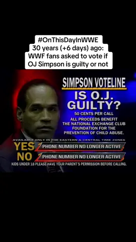 Another bonkers Vince McMahon idea - with a big fallout “Certainly everyone has an opinion on Hunter Hearst Helmsley, and just about everybody has an opinion on whether OJ Simpson is guilty” What a segue into Vince asking fans to vote on if OJ is guilty or innocent of a pair of horrific murders But before you criticise, proceeds go to a child abuse charity (except the WWF hadn’t told the National Exchange Club Foundation for the Prevention of Child Abuse about using this trial to fundraise...) Dave Meltzer revealed what happened a week later in the Wrestling Observer: “[This] ended up as a major embarrassment and WWF was hastily sending out apology letters to people from those foundations (who apparently they never contacted in advanced and were embarrassed to be getting money from a poll related to a double murder case) saying that the idea came up at the last minute and admitted in their haste they made a major mistake and took much heat for it” And if you want to know the result of WWF fans on OJ: 51% thought he was innocent  #OnThisDayInWWE 