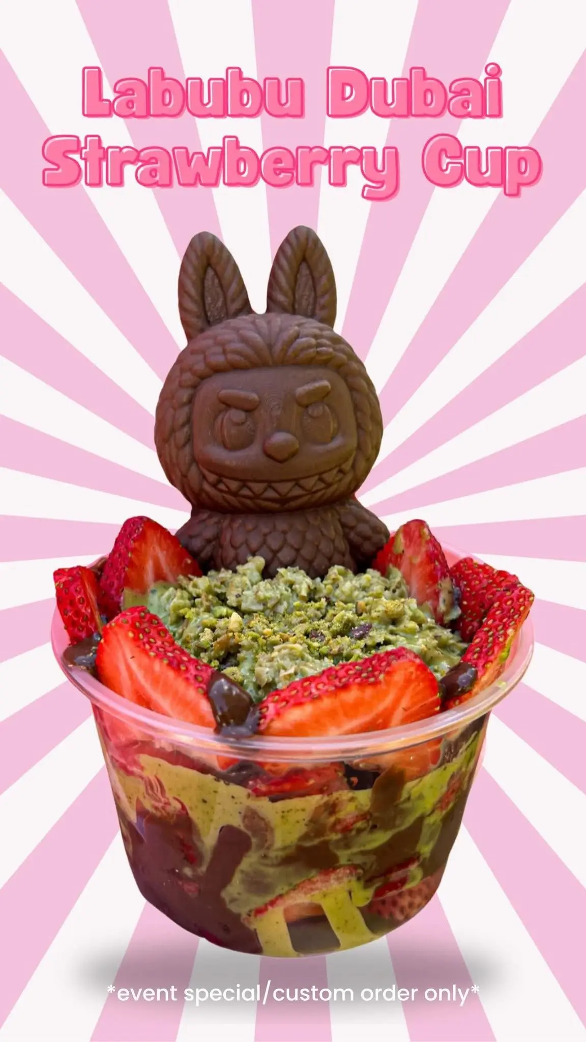 Our signature Dubai strawberry cup served with a Labubu Dubai chocolate tucked right inside ✨ Find us at an event OR message us on FB to place a custom order 🍓🍫  #labubu #dubaichocolate #houston #houstontexas #houstontx 