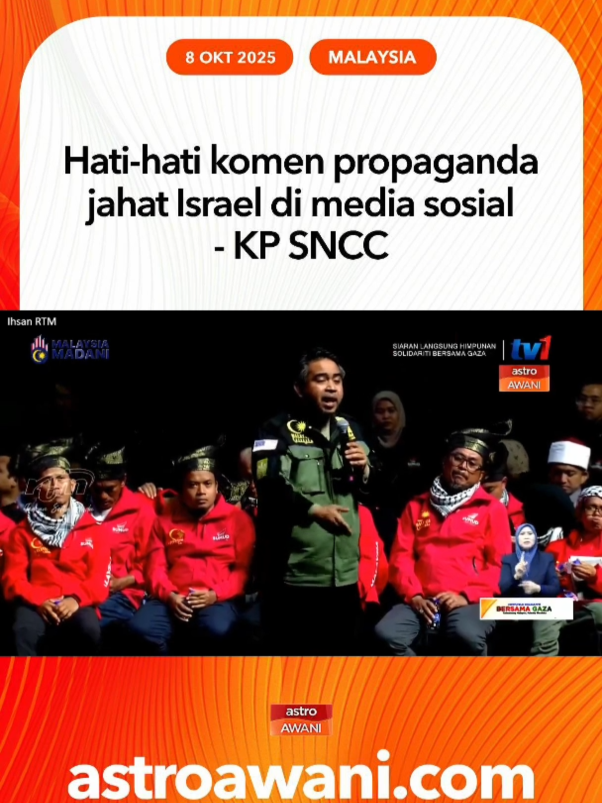 Ketua Pengarah SNCC, Datuk Dr Sani Araby Abdul Alim meminta orang ramai berhati-hati dengan propaganda jahat komen pelik di media sosial yang berpihak kepada rejim zionis Israel. #AWANInews