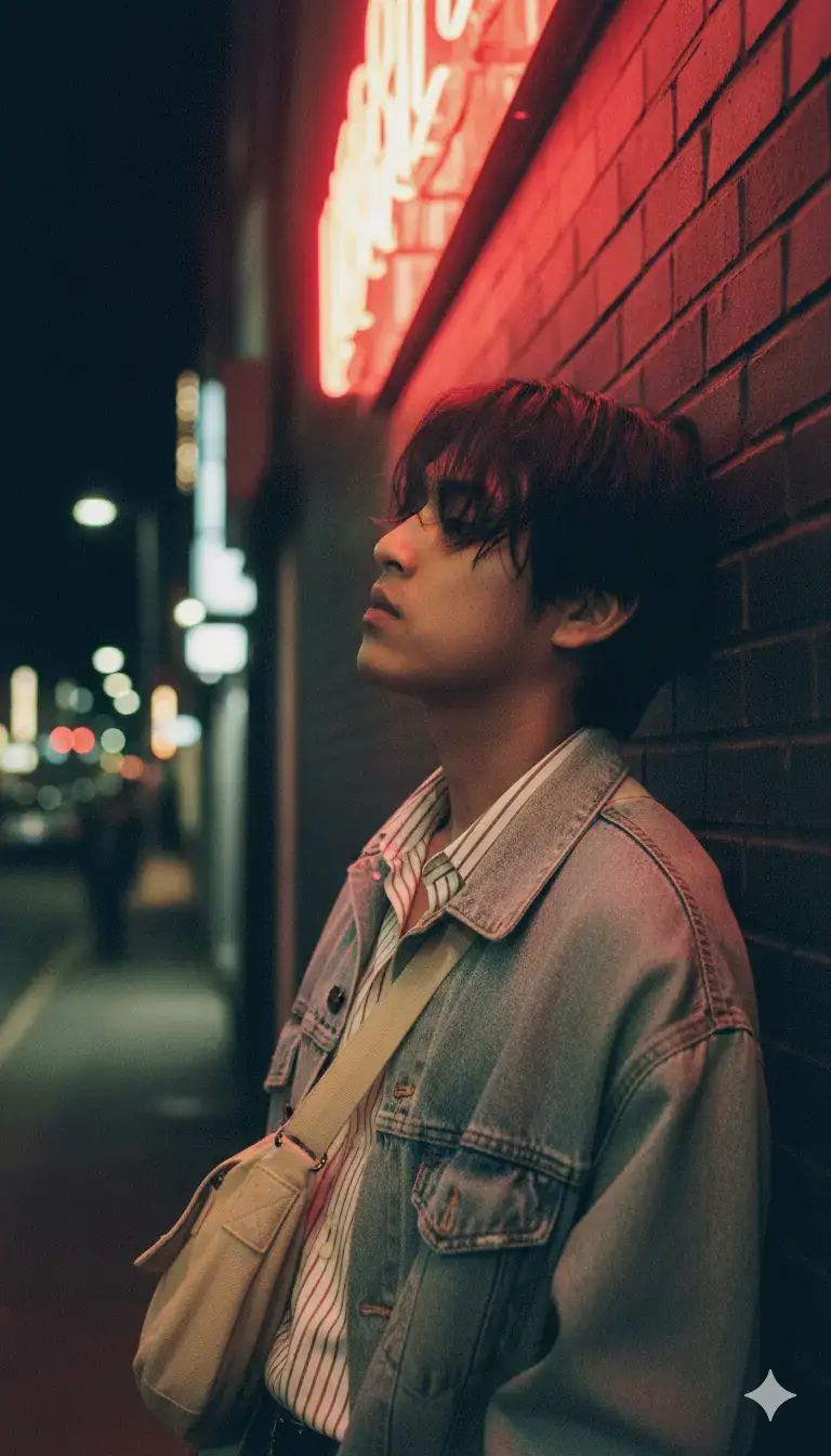 Transform the uploaded image (keep face details properly). A vertical 9:16 film-style cinematic street-fashion portrait of a young man leaning casually against a textured brick wall under a glowing neon sign at night, captured with a Japanese film camera vibe. His outfit: a striped shirt slightly unbuttoned beneath a loose denim jacket, layered naturally with a casual shoulder bag. The look feels relaxed, like an authentic street snap. Angle: close-up side perspective, slightly tilted, imitating a candid film photo. His head turns softly toward the neon, with subtle reflections of pink and golden light across his face and jacket. Background: blurred city street with glowing signs and faint traffic lights, grainy like 35mm film. Mood: nostalgic, raw, natural but with editorial polish. Photorealistic with subtle film grain, muted tones, soft shadows, and cinematic glow — resembling a Japanese youth street photograph. Ultra HD, photorealistic detail, Japanese film photography aesthetic. #gemini #ai #fyp 