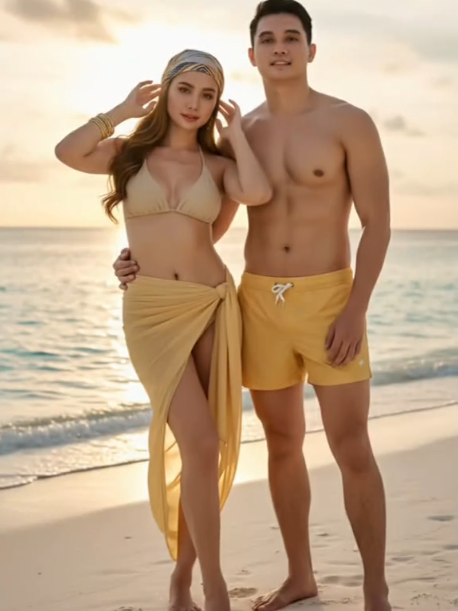 Gemini Ai prompt for couple😍 Luxury travel in Maldives🇲🇻 prompt 👇 Create a beach in Maldives portrait of a  couple using the uploaded photo as reference for the face (same lips, eyes, and nose). Copy the exact face. She has smooth glowing skin, soft natural makeup, and long wavy brunette hair partly tucked under a stylish scarf headwrap. Slim, and sexy. Outfit: She is wearing a beige bikini, her lower part has very thin yellowish cloth, accessorized with gold bangles. The outfit should highlight a chic, relaxed, yet elegant seaside fashion style. Pose: She stands gracefully with her body angled slightly forward, both hands gently lifted near her face. The man is tshirtless wearing yellowish short and Ray-ban sunglasses.  #gemini #ai #capcut #fyp #fyppppppppppppppppppppppp 