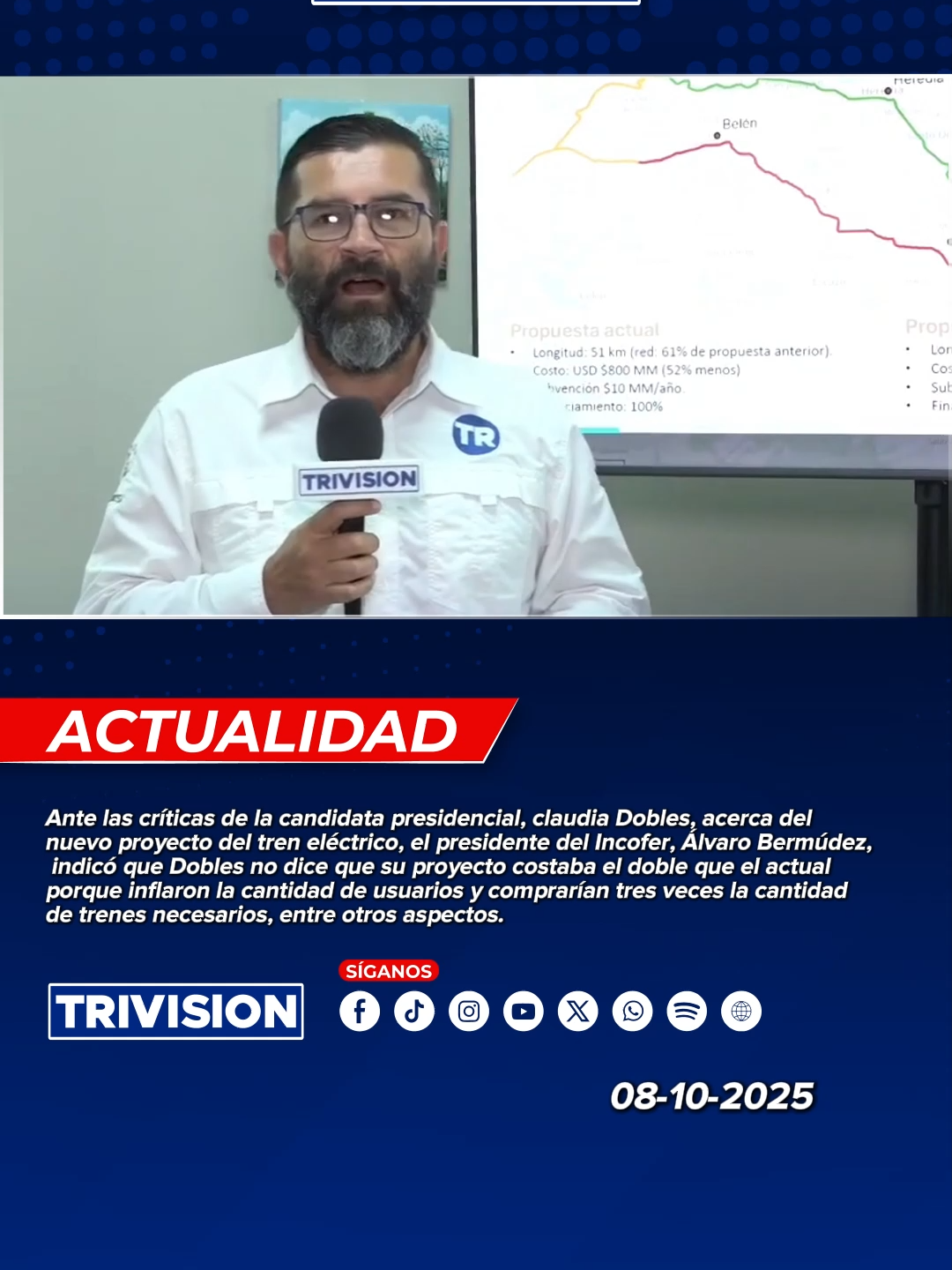 🔴 #NoticiasTrivisión | Ante las críticas de la candidata presidencial, claudia Dobles, acerca del nuevo proyecto del tren eléctrico, el presidente del Incofer, Álvaro Bermúdez, indicó que Dobles no dice que su proyecto costaba el doble que el actual porque inflaron la cantidad de usuarios y comprarían tres veces la cantidad de trenes necesarios, entre otros aspectos.