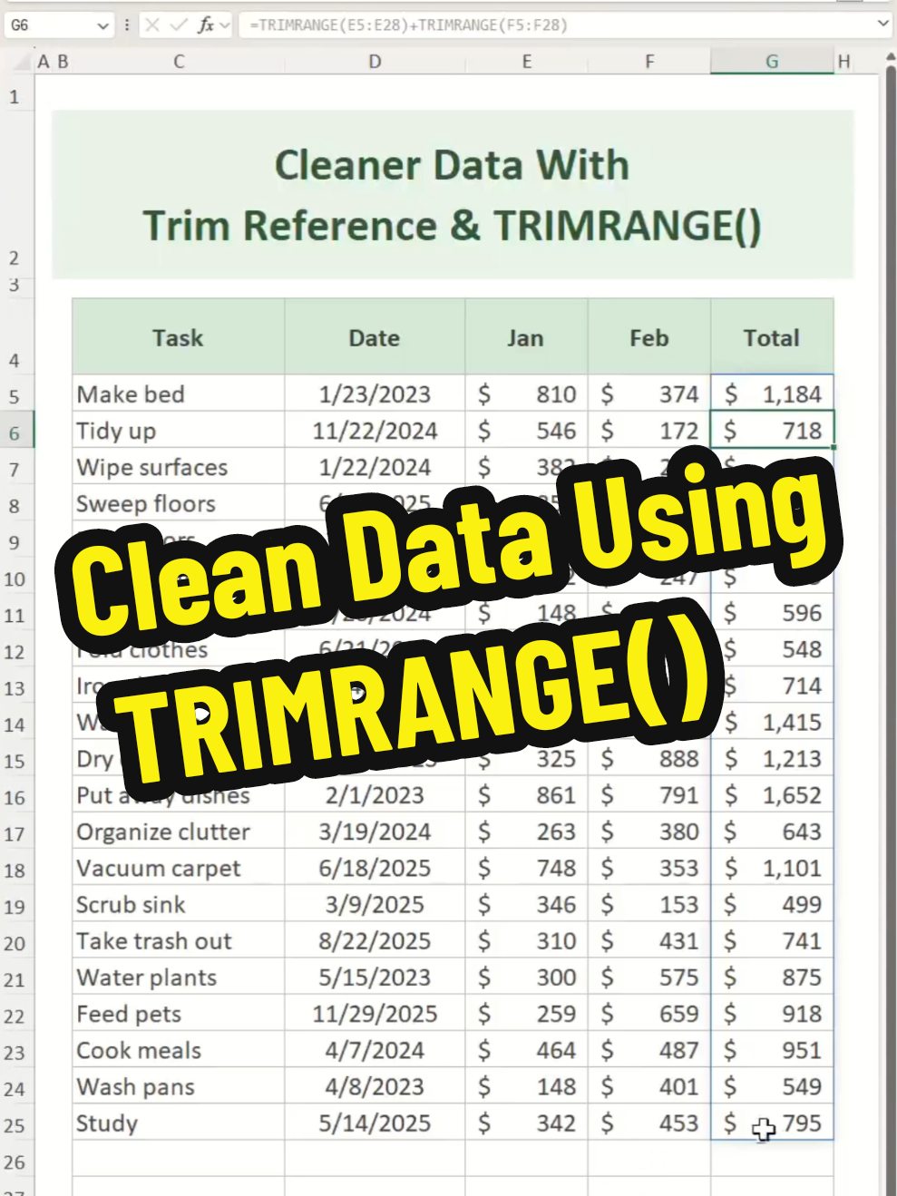 Clean data using TRIMRANGE() function and Trim Reference in Excel - Excel Tips and Tricks Learn how to clean data using TRIMRANGE() function and Trim Reference in Excel.   Here the formulas featured in my video.  Trim Reference ='710DBL'!A:.A TRIMRANGE() Function =TRIMRANGE('710DBL'!B:B) Advanced Excel tricks,Excel online course,Excel tips and tricks,Excel for analysts,Microsoft Excel tutorials,Microsoft Excel,Excel 2016,Excel 2013,Excel 2019,Microsoft 365,Excel 365,trim range,remove blank cells,trim refs,trimrefs, data cleaning,data cleaning in excel,beginner data cleaning in excel,cleaning up messy data in excel,data clean up in excel,how to clean up raw data in excel, master data cleaning essentials,excel data cleaning,clean data in excel,excel format raw data,excel trim,excel for data cleaning,learn data cleaning,how to clean data in excel,data cleaning for beginners, #tips #excel #shorts #shortvideo #shortsvideo 