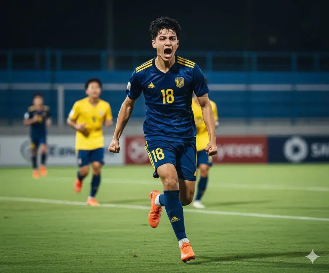Keep the exact same facial structure, expression, eyes, nose, and mouth identical to the reference photo ultra realistic sports action photo of the same person from the reference image, wearing a dark blue football jersey with yellow accents and number 18 printed on the chest, matching shorts and socks, and orange soccer shoes. the person is jumping in mid-air with one arm bent in celebration and mouth open shouting with excitement on a green football field. background shows blurred teammates in yellow jerseys and a blue stadium fence, captured with a telephoto sports lens at high shutter speed, cinematic lighting, motion blur on the background, vibrant colors, 8K ultra-detailed realism, dynamic composition, looks like a professional sports photography shot.