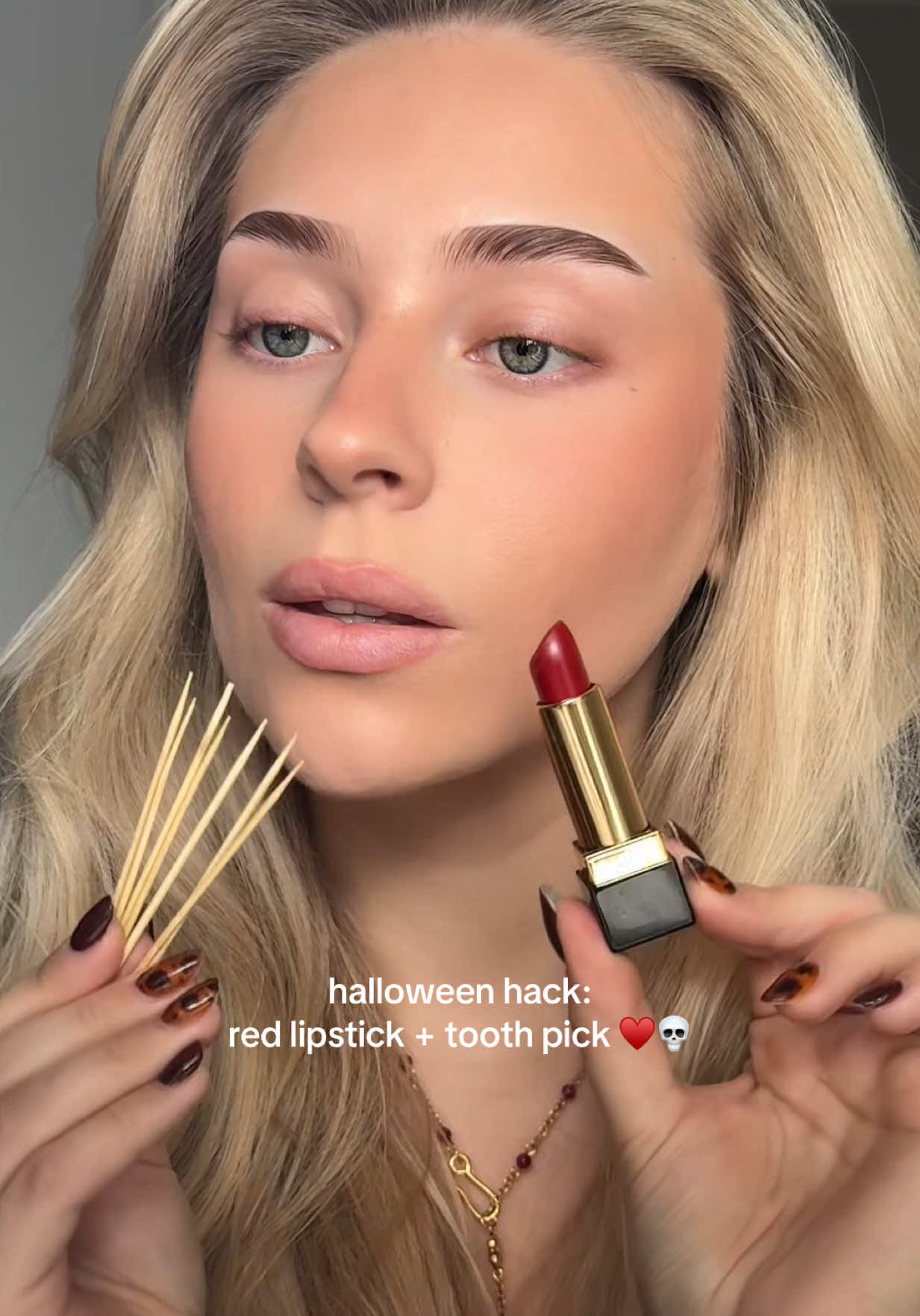 last minute halloween makeup hack♥️💀 red skull using red lipstick + tooth picks!  @YSL Beauty lipstick in shade RM #halloween #makeup #hacks #halloweenideas #skullmakeup 