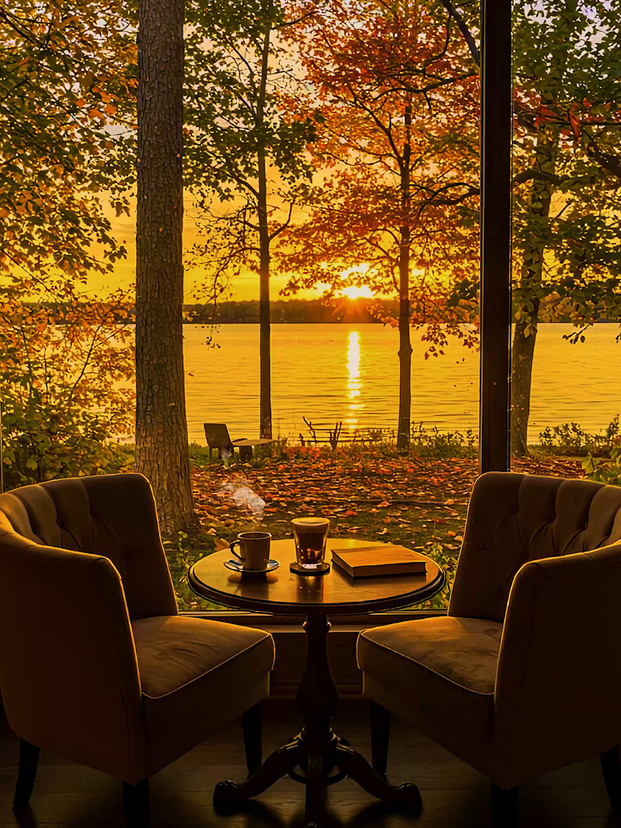 Two chairs, two mugs, one golden lake. ⠀ ⠀ ⠀ ⠀ Steaming coffee and a book as the sun melts into the water—pure cozy evening vibes. #ambiancehometv #lakeview #goldenhour #cozytok #fallaesthetic #eveningcoffee #windowview #relaxingvideo