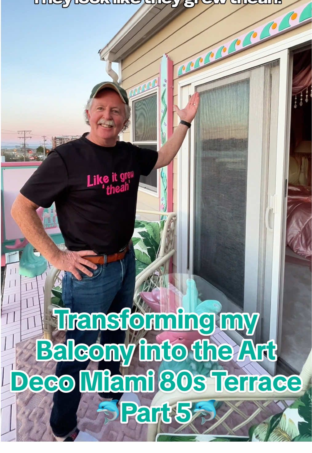 Transforming my Balcony into the Art Deco Miami 80s Terrace🐬🌴 Part 5 As you guys know I've been transforming my bedroom into  Luxury Miami 80s Penthouse.. and for the balcony off the bedroom I decided to do something a little different while staying with the same ~vibe~  After doing months of research I became absolutely obsessed and inspired  by the 80s Art Deco revival hotels in South Beach Miami- I thought it would be such a fun way to re-do my balcony while staying with the Miami 80s aesthetic. I showed you how I painted my railings, made a custom mural inspired by the Ocean Surf Hotel, and made custom placards inspired by the Marlin Hotel.  A few of my followers noted that the area above the slider seems a little bare.. and I agree!! There is another intricate wave design on the facade of the Marlin Hotel that I thought would be so fun to incorporate... and with clay, a shot glass, and a cookie cutter... I was able to bring the vision to life!!!!🍪🌊 I've been dying to do something with glass blocks in my house.. and just got some off Facebook marketplace- let me know what you guys think I should do with them!! As always stay tuned for the next paht!!  xoxo Pineapple Princess 🍍👑 . . . #diyhomeprojects #80smiami #hometransformation #80saesthetic #80sdecor 