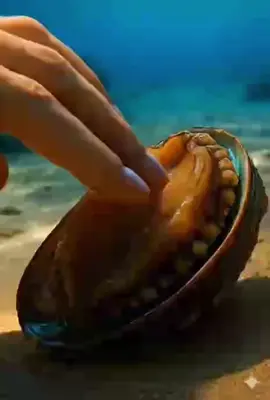 A cinematic underwater close-up of a human hand gently brushing the surface of a large seashell resting on the sandy ocean floor. ASMR video #shell #asmr #seafood #ai #fyp 