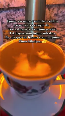 Eşimin kazandığı, benim harcadığım  Parayı herkes soruyor da… Tek kaldığım, korktuğum geceleri, Tek başıma oturduğum sofraları, Bir çok şeye tek başıma koşturduğumu Kimse bilmiyor..#👍 