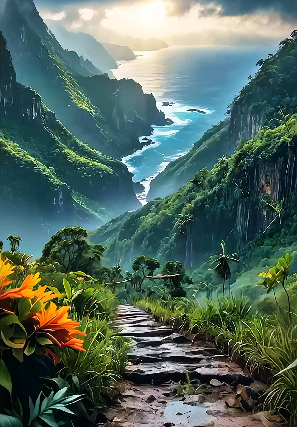 Live Wallpaper | Misty Mountain Path & Cliffs 🌊⛰️🌳🍃🌺 🏔️ Legend of the Misty Mountain Path & Cliffs In the heart of the misty mountain cliffs, where clouds weave through emerald peaks and hidden jungle paths lead toward the sea, lies a trail few have ever found. It is said that those who walk this mountain path through the mist feel the world grow quieter — the rhythm of footsteps matching the heartbeat of the Earth itself. Long ago, wanderers seeking truth followed this path to the cliffs above the ocean, where the fog meets sunlight in a golden shimmer. Some called it a bridge between worlds — the line where land ends, and the spirit begins. The cliffs breathe with ancient calm, and every gust of wind carries the whisper of forgotten travelers. Stand at its edge, and you’ll feel it too — that moment when silence becomes infinite, and the mountain breathes through the mist once more. 🌿 #4kwallpaper #livewallpaper #relaxingvideos #cliff #mountainlife 