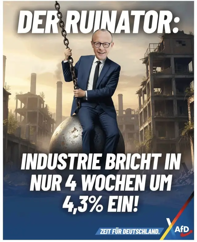+++ Einbruch um 4,3 Prozent: CDU-Regierung bricht Industrie das Rückgrat! +++ Die Zahlen sprechen eine klare Sprache: Deutschlands Industrie bricht im August um 4,3 Prozent ein – deutlich stärker, als Experten erwartet hatten. Produktion, Aufträge, Arbeitsplätze – alles schrumpft. Während Betriebe ums Überleben kämpfen und das Fundament unseres Wohlstands bröckelt, schaut die CDU-Regierung von Kanzler Merz tatenlos zu. Ursache sind keine Naturgewalten, sondern hausgemachte Fehler. Die astronomisch hohen Energiepreise, die überbordende Bürokratie und hohe Steuern schwächen den Wirtschaftsstandort Deutschland und treiben Unternehmen ins Ausland. Die CDU-Regierung setzt die grünen Ampeldogmen unbeirrt fort und gefährdet mit ihrer Politik Millionen Existenzen. Die AfD fordert: günstige Energie für Wirtschaft und Haushalte, echte Steuersenkungen und den sofortigen Abbau von Bürokratie. Nur mit einer AfD-geführten Regierung, die Vernunft über Ideologie stellt, kommt Deutschland wieder auf die Erfolgsspur. Wir stehen bereit, diesen Weg konsequent zu gehen – für Wohlstand, Sicherheit und Zukunft.