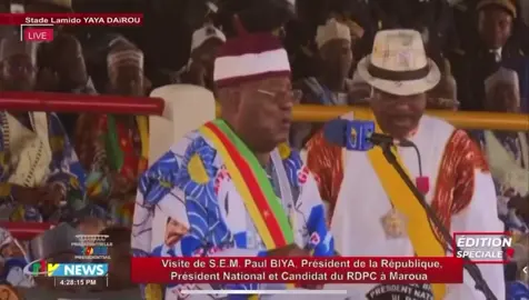 ÉLECTION PRÉSIDENTIELLE AU CAMEROUN ! La parole a été retirée au président de l’assemblée nationale du Cameroun lors du meeting de Paul Biya à Maroua ce jour. Cava Yeguié Djibril,85 ans et au perchoir depuis 33 ans tenait des propos sans sens ! «  On n’est pas venus ici tuer les bœufs ! Il faut envoyer les enfants à l’école pour qu’ils ne fuient pas les classes »