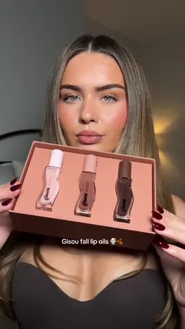 Trying the new @Gisou tinted lip oils 🍨🤎☕️ in shades vanilla glaze, sticky toffee and milky mocha and the pouch!!🥹 *gift #gisou #gisoulipoils #tintedlipoil #makeup 