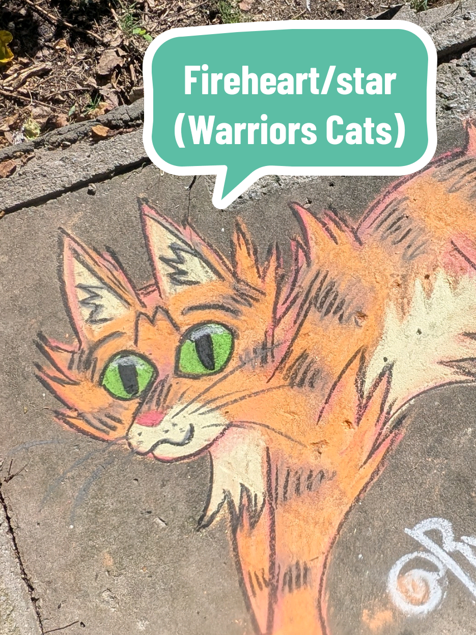 Replying to @icedmango51 Fireheart, star, paw, Rusty whatever his name is, lol  My daughter is currently in her warrior cats era so this was the perfect ask! ❤️ #warriorcats #firestar #fireheart #cats #chalkart 