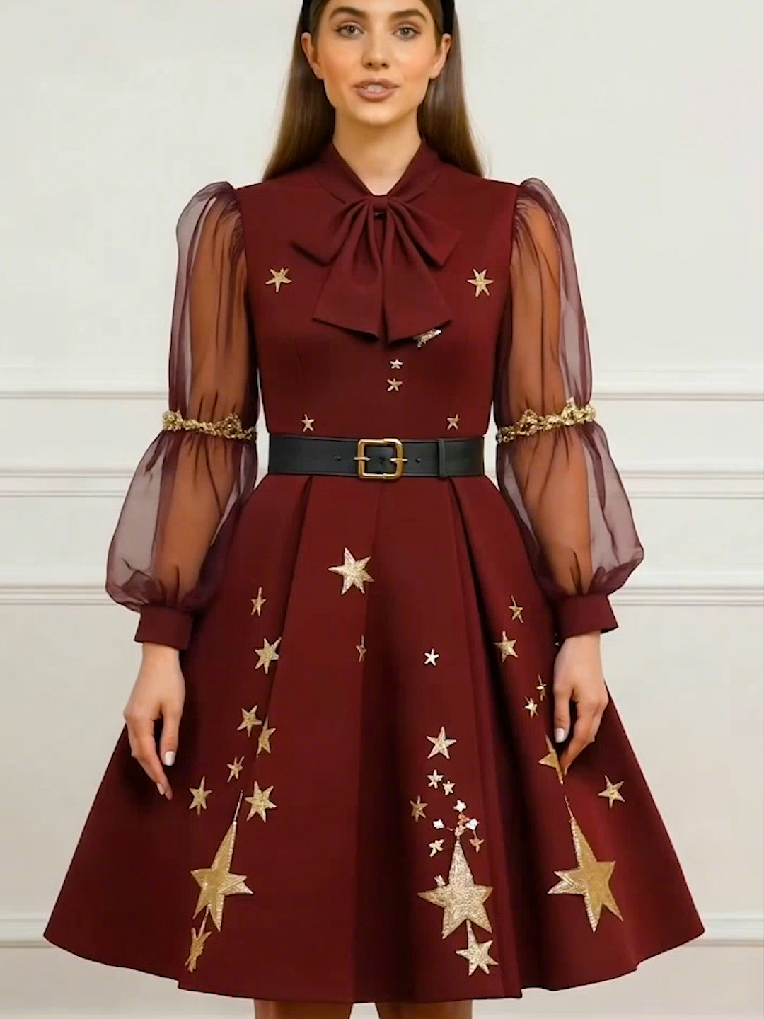 Manifesting a magical night in this celestial star dress! 💫 The sheer puff sleeves and rich burgundy color are perfect for holiday parties or any special event. Obsessed! #partydress #holidayfashion #stardress #celestialfashion #burgundydress #womensstyle #tiktokshopfinds