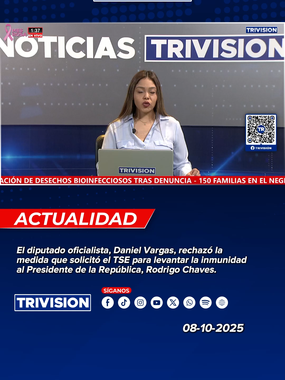 🔴 #NoticiasTrivisión | El diputado oficialista, Daniel Vargas, rechazó la medida que solicitó el TSE para levantar la inmunidad al Presidente de la República, Rodrigo Chaves.