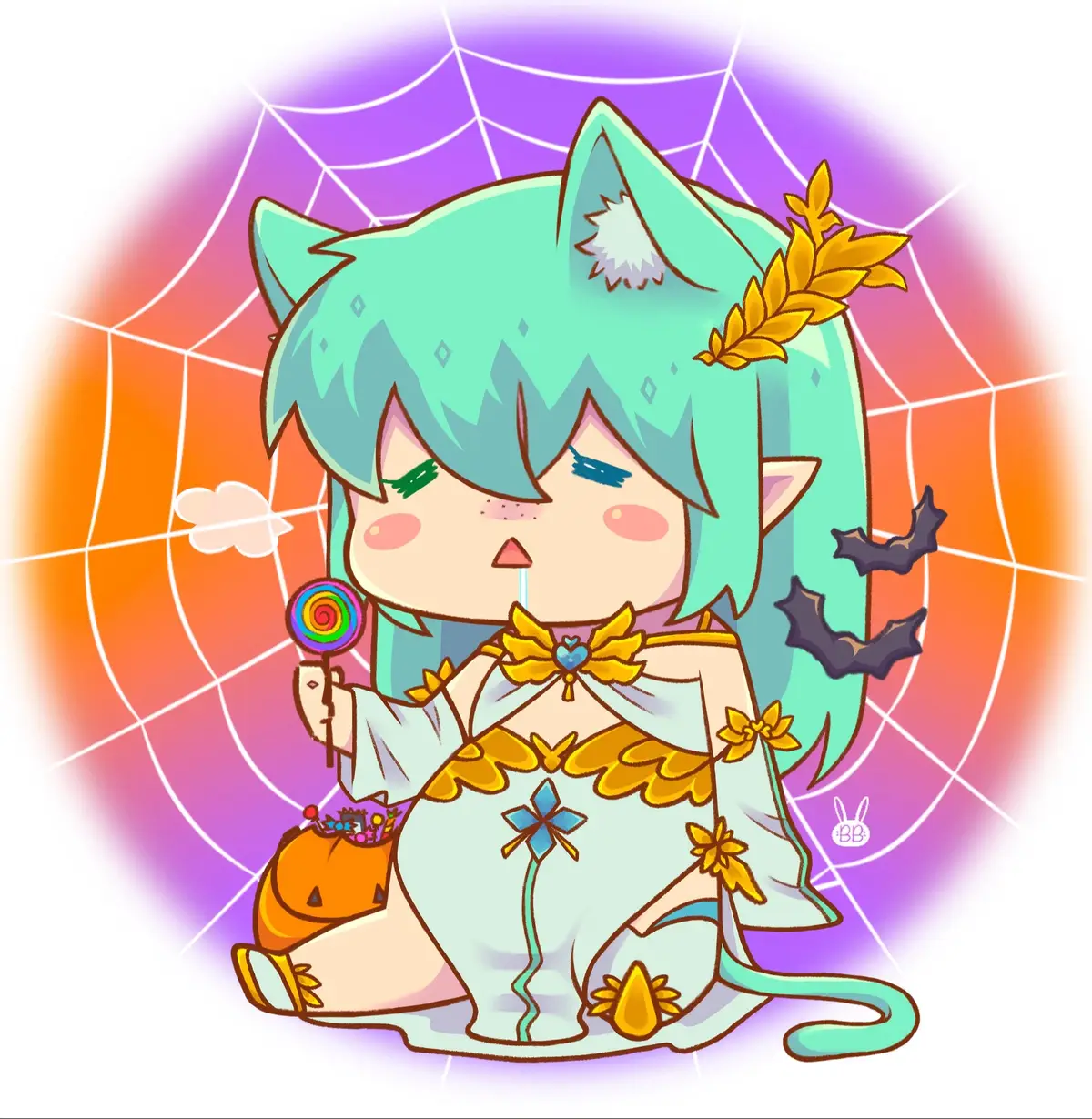 Make sure to limit your candy intake this holiday season 🍭  I am still struggling…. _:(´ཀ`」 ∠): . . . . #catgirl #vtuber #oc #spooky #chibi